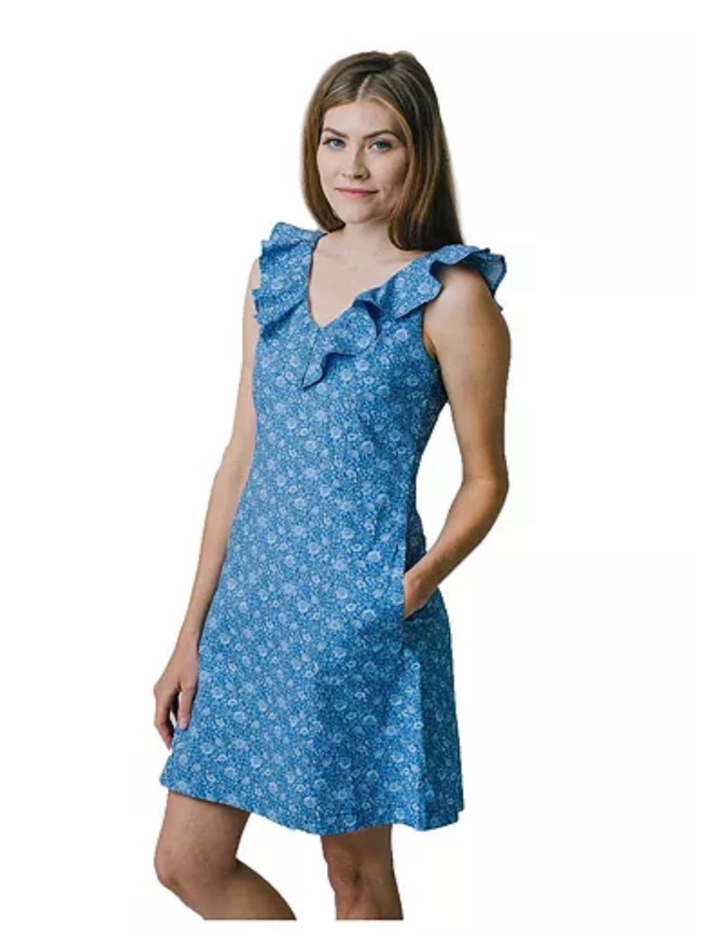 Blue Floral Ruffle V-Neck Mini Dress lined NWOT